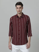 Casual Stripe Comfort Fit Full Sleeve Maroon Shirt with Collar