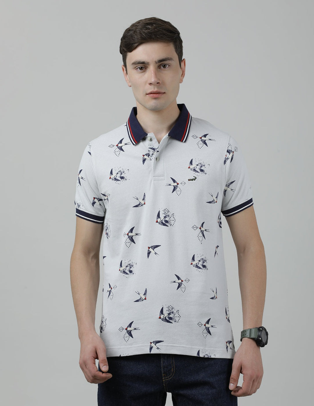 Casual Light Grey T-Shirt Polo Printed Half Sleeve Slim Fit with Collar for Men