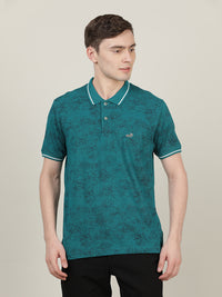 Teal Blue Printed Casual Polo T-Shirt