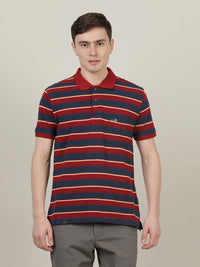 Maroon Striped Casual Polo T-Shirt