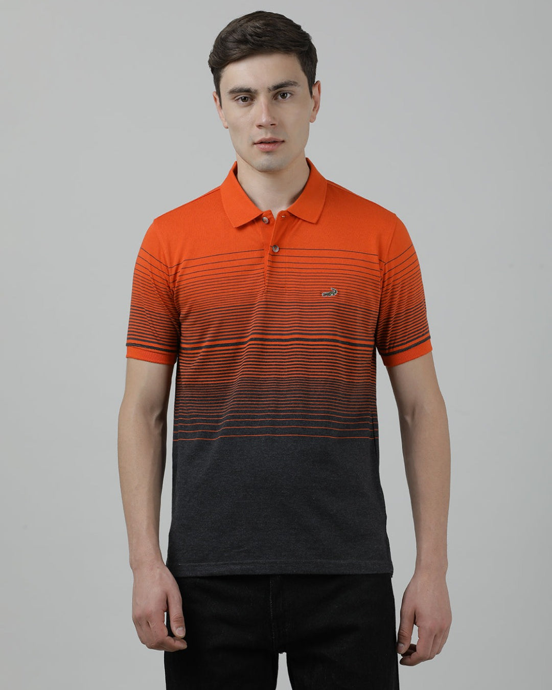 Casual Orange T-Shirt Half Sleeve Slim Fit Jersey Engineering Stripe with Collar for Men