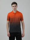 Man wearing a orange striped casual polo t shirt on a light gray background