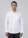 Man wearing a white white solid casual full sleeve 100% cotton shirt on a light gray background
