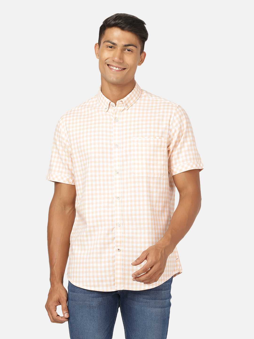 Casual Half Sleeve Comfort Fit Checks Orange with Collar Shirt for Men