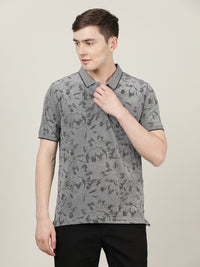 Grey Printed Casual Polo T-Shirt