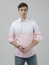 Man wearing a white white striped casual full sleeve 100% cotton shirt with casual styling on a gray background
