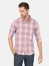 Man wearing a purple checked full sleeve 100% cotton shirt with casual styling on a gray background