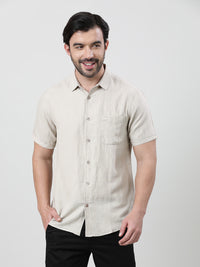 Beige Solid Half Sleeve Linen Shirt