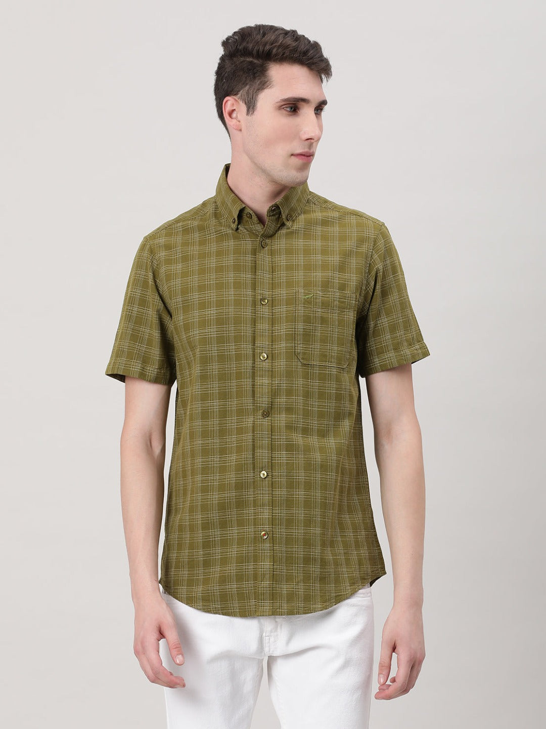 Casual Half Sleeve Comfort Fit Checks Shirt Olive with Collar