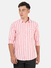 Man wearing a red coral red striped full sleeve 100% cotton shirt on a light gray background