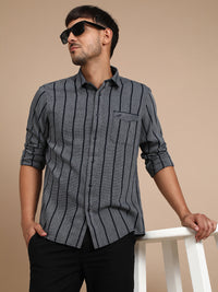 Casual Navy Striped Full Sleeve 100% Cotton Shirt