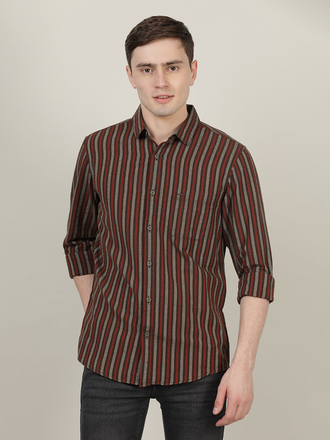 Crocodile Men Brown Slim Fit Stripe Shirt