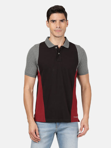 Casual Slim Fit Cut & Sew Polo Neck Half Sleeve Black Tshirt