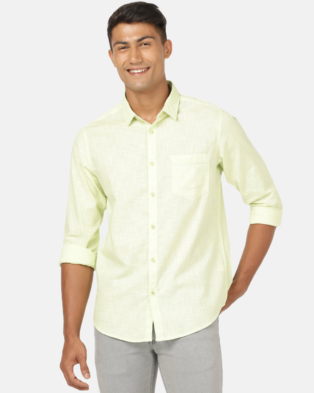 Crocodile Casual Full Sleeve Comfort Fit Solid Light Green with Collar Shirt for Men