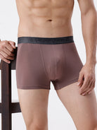 Brown boxer briefs worn by a person on a white background