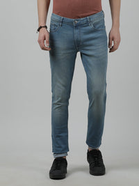 Light Blue Solid Mid Rise Casual Slim Tapered Jean