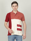 Man wearing a cream cream colourblocked polo t shirt with casual styling on a gray background