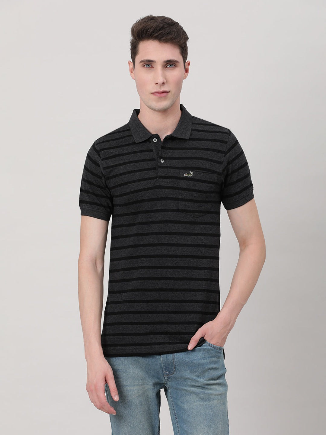 Casual Black T-Shirt Striper Half Sleeve Slim Fit with Collar