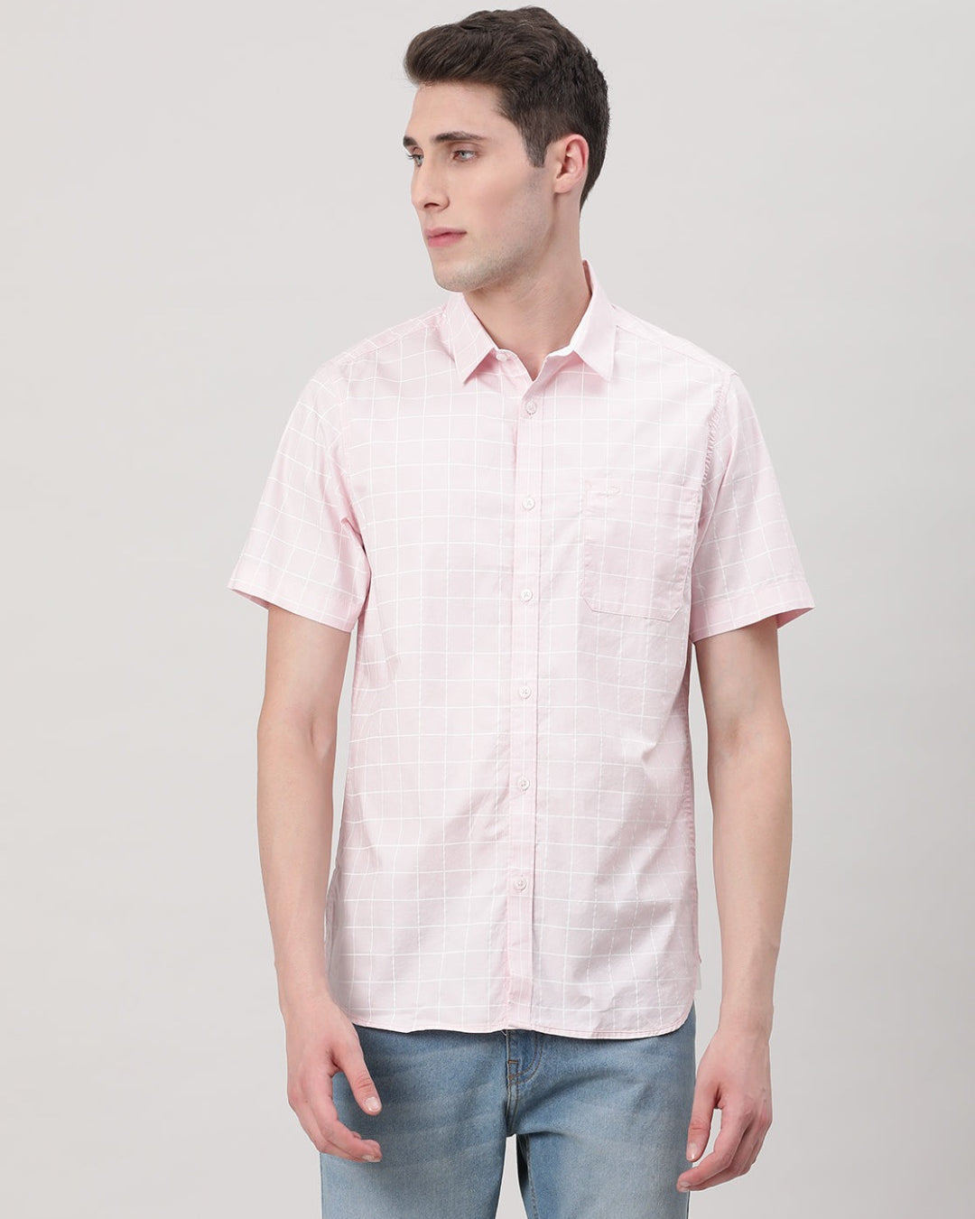 Casual Pink Half Sleeve Comfort Fit Printed Window Check Shirt with Collar