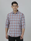 Man wearing a red checked red full sleeve 100% cotton shirt with casual styling on a gray background