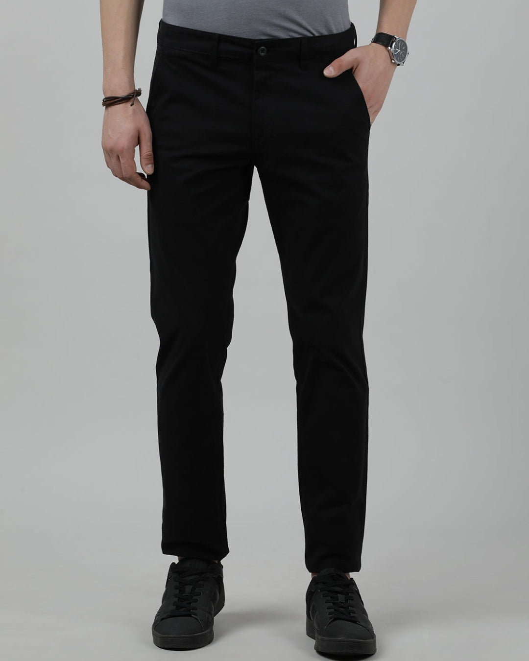 Casual Slim Fit Solid Black Trousers for Men