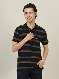 Black Striped Casual Polo T-Shirt