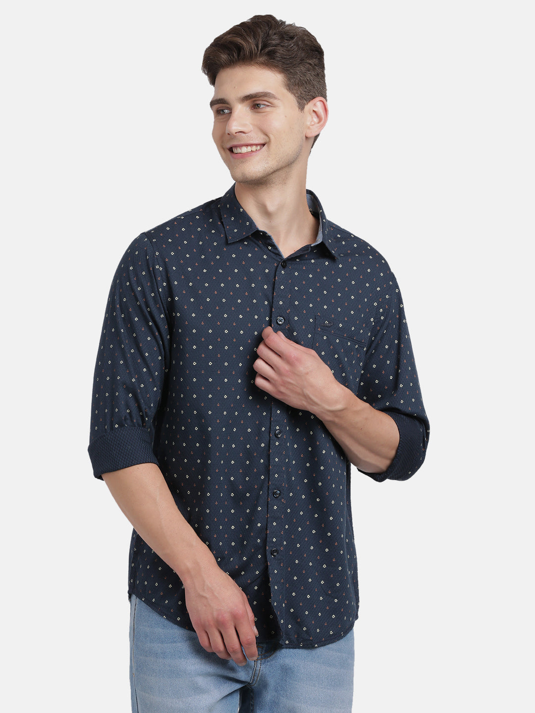 Men Navy Blue Classic Slim Fit Opaque Printed Casual Shirt