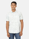 Man wearing a green sea green printed half sleeve 100% cotton shirt on a light gray background