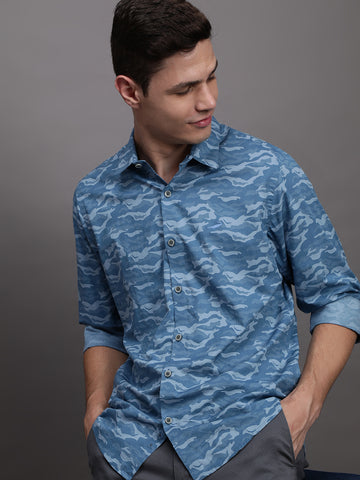 Printed Comfort Fit Blue Shirt