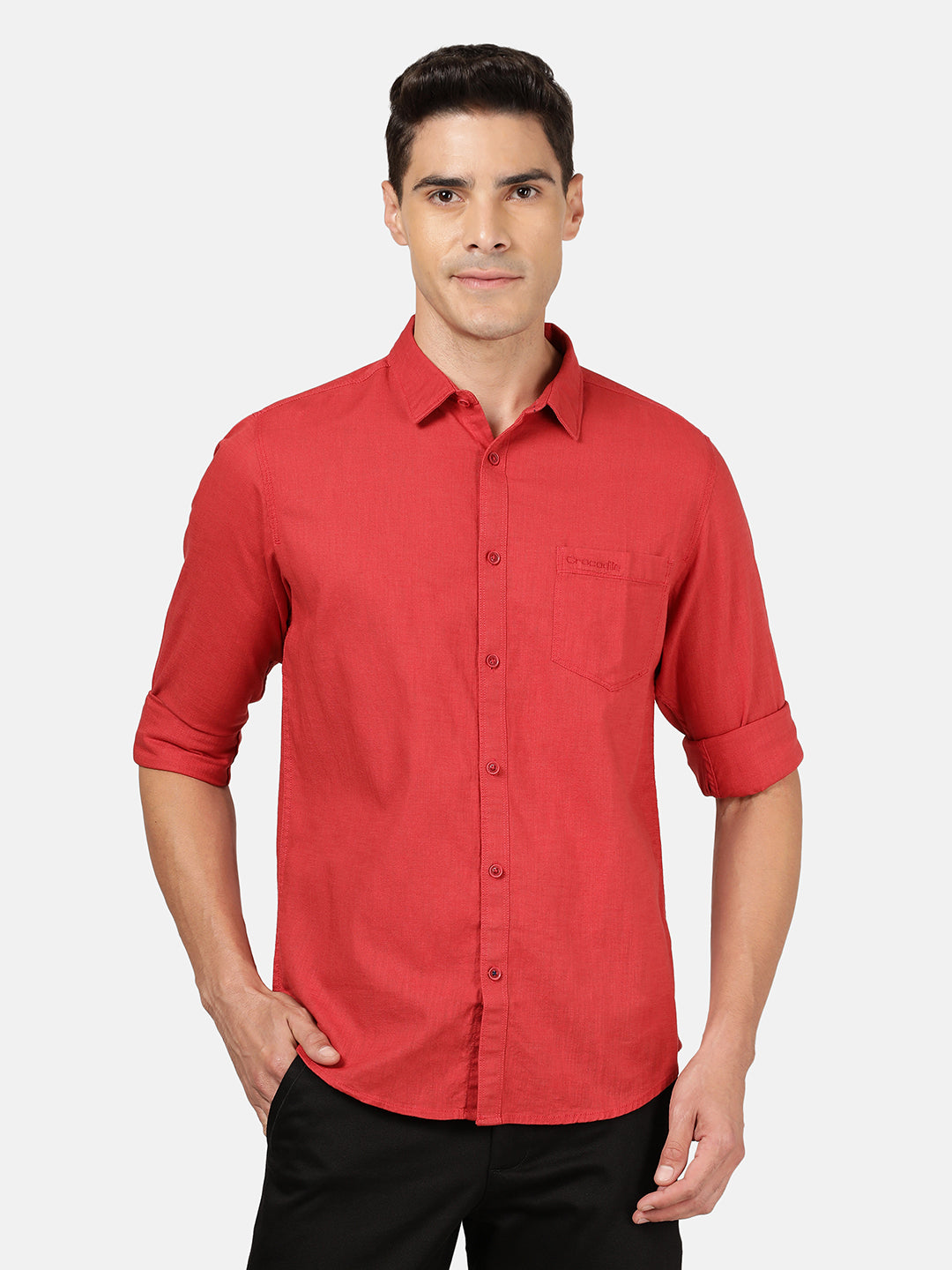 Crocodile Casual Full Sleeve Comfort Fit Solid Red with Collar Shirt for Men