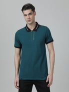 Casual Solid Printed Slim Fit Half Sleeve Teal Polo T-shirt with Collar