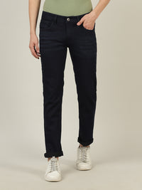 Dark Blue Solid Mid Rise Casual Slim Fit Jean