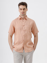 Crocodile Men's Pure Linen Solid Comfort Fit Pink Shirt with Half Sleeve
