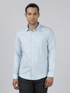 Man wearing a blue light blue striped full sleeve 100% cotton shirt on a light gray background