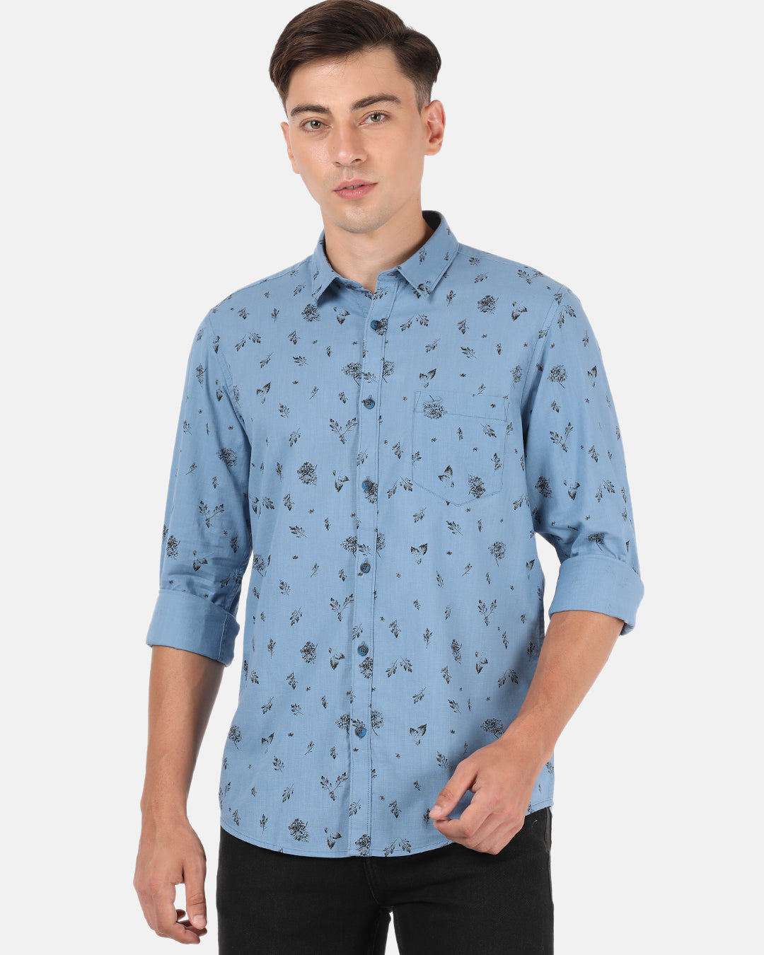 Men Blue Black Classic Slim Fit Floral Printed Casual Shirt