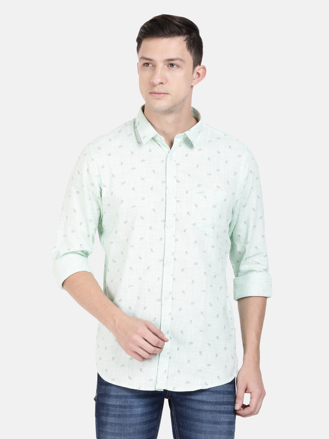 Men Green Classic Slim Fit Floral Printed Cotton Casual Shirt