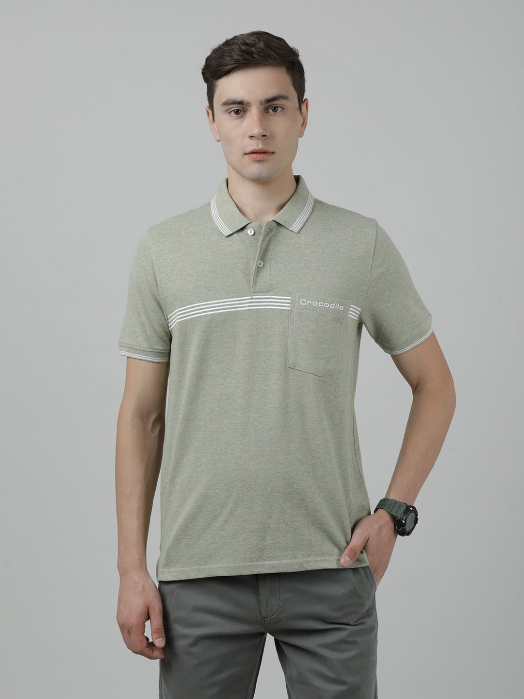Casual Green Solid Polo Melange Printed T-Shirt Half Sleeve Slim Fit with Collar for Men