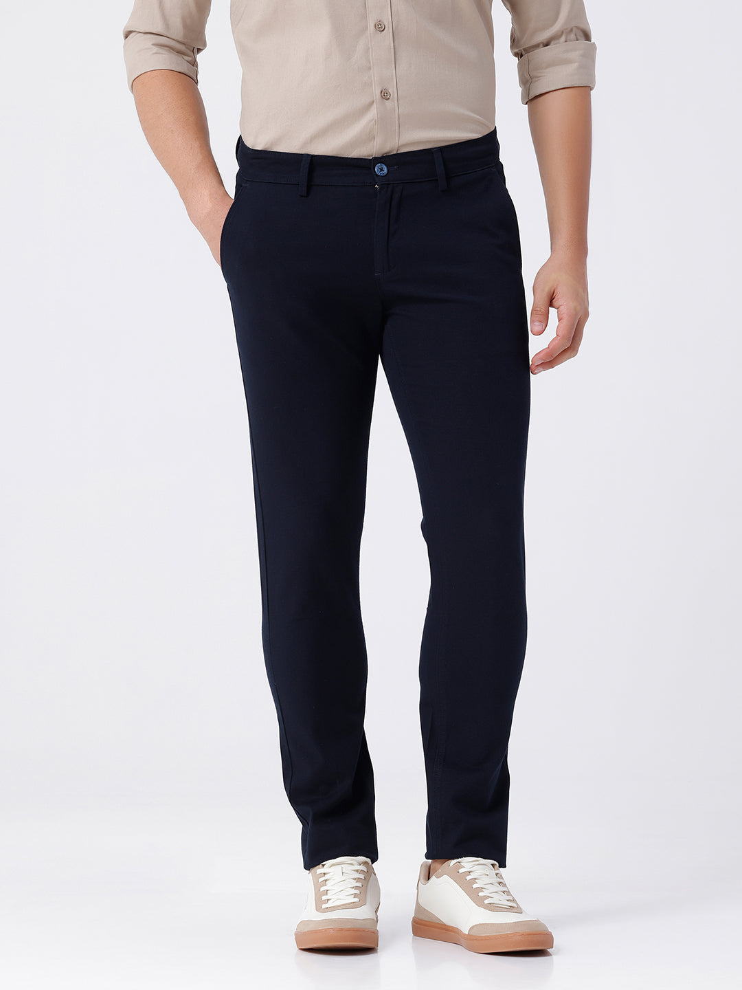 Man wearing a red textured essential chinos navy with casual styling on a gray background