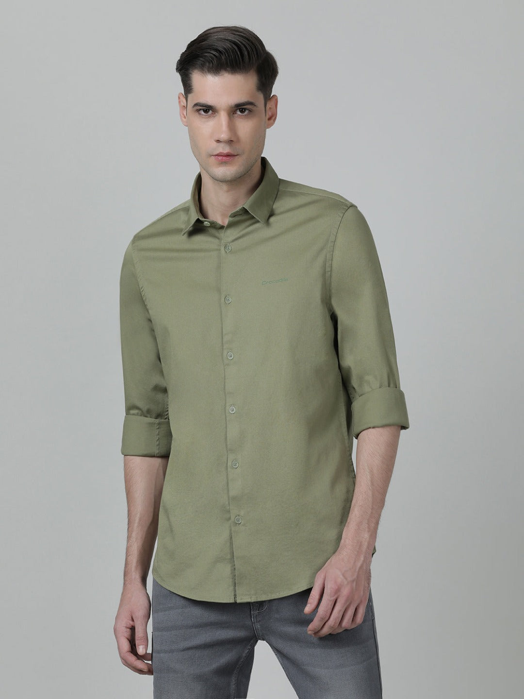 Casual Solid Slim Fit Moss Green Full Sleeve Shirt with Collar