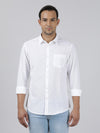 Man wearing a white casual white printed full sleeve 100% cotton shirt on a light gray background
