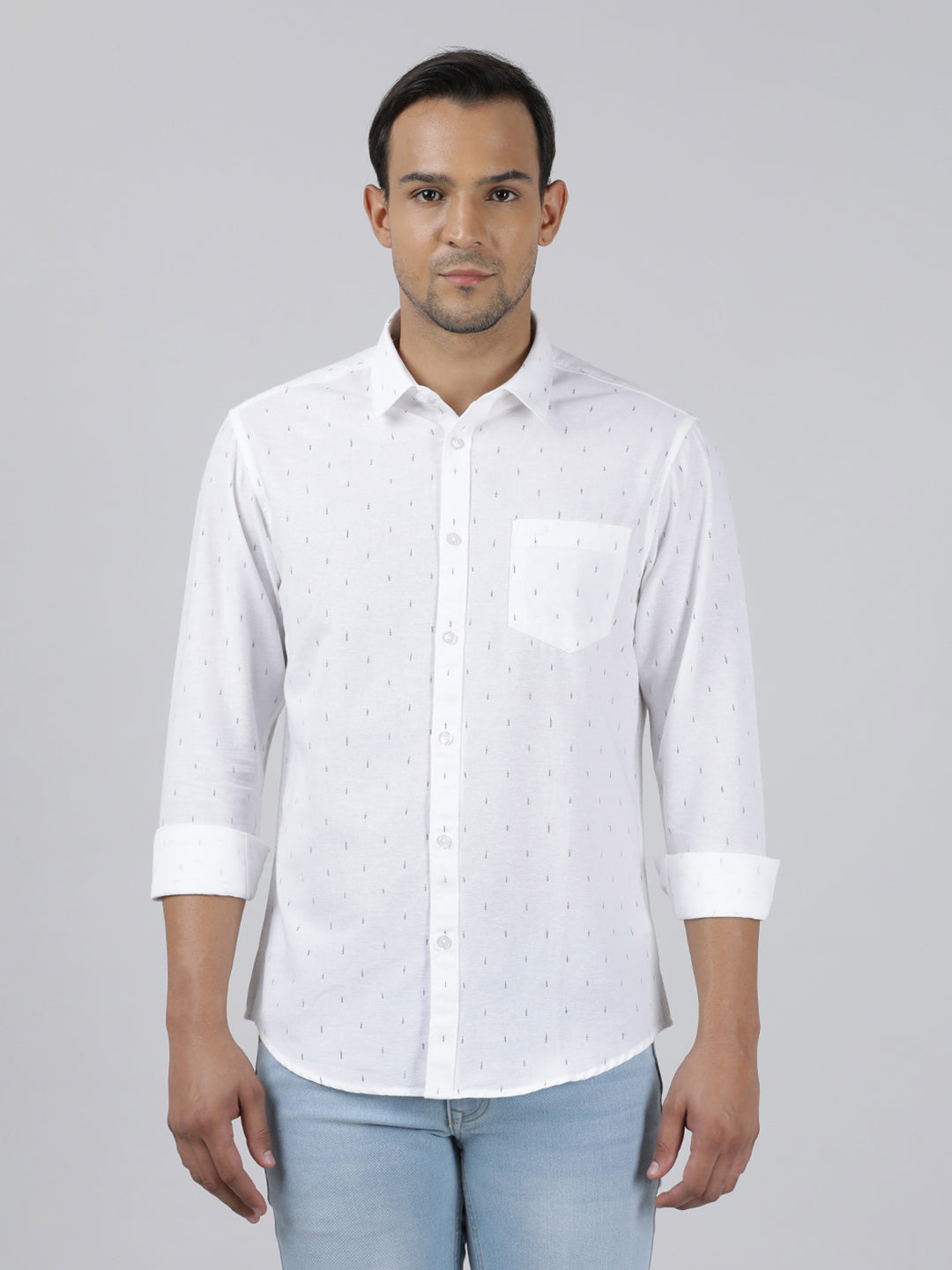 Casual White Full Sleeve Regular Fit Print Shirt with Collar for Men