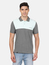 Man wearing a grey charcoal melange grey colourblocked polo t shirt on a light gray background