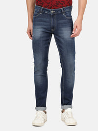 Mid Blue Solid Mid Rise Slim Tapered Casual Jean