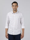 Man wearing a white printed white full sleeve 100% cotton shirt on a light gray background