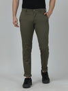 Man wearing a green casual solid olive green trouser with casual styling on a gray background