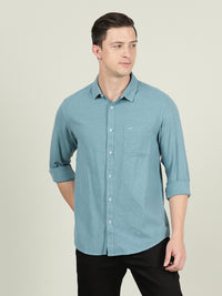Teal Blue Solid Casual Full Sleeve 100% Cotton Shirt