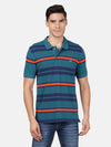 Man wearing a blue dark teal blue striped polo t shirt on a light gray background