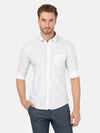 Man wearing a white white printed full sleeve shirt with casual styling on a gray background