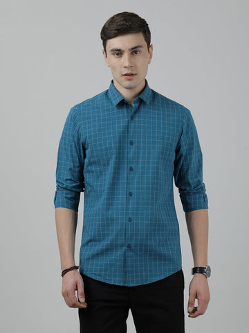 Casual Full Sleeve Slim Fit Checked Shirt Teal for Men