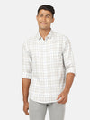 Man wearing a white white checked full sleeve 100% cotton shirt on a light gray background